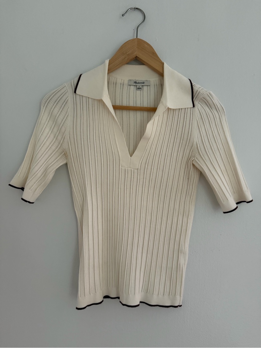 Madewell Cream Ribbed Polo Top with Maroon Trim